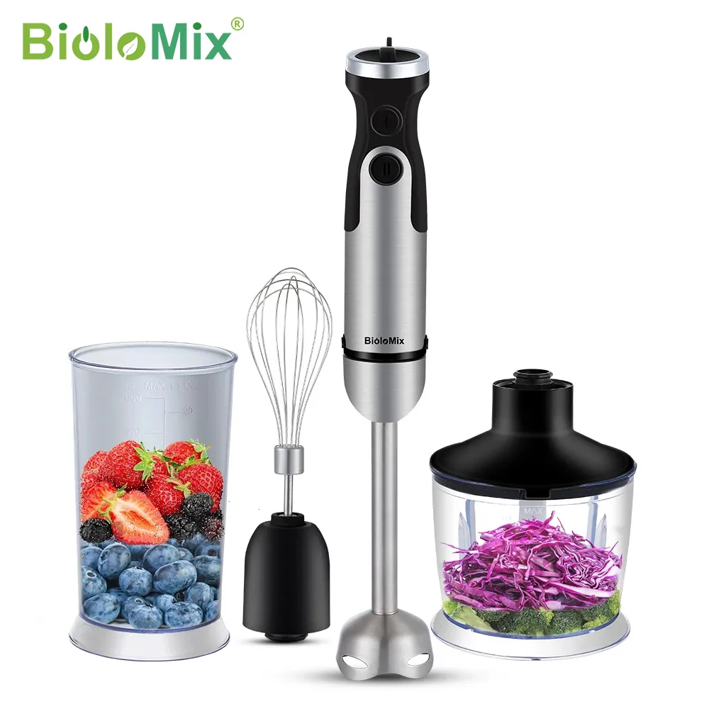 BioloMix 침수 핸드 스틱 블렌더 믹서 야채 고기 분쇄기, 1200W 4 인 1, 800ml, 쵸퍼 거품기, 600ml 스무디 컵